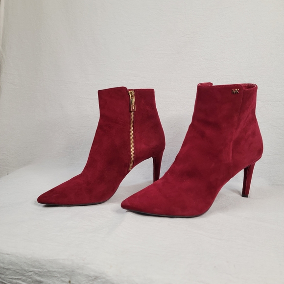 MICHAEL KORS Red Suede Pointed Toe Ankle Boots - Gold Zip 7.5M - Picture 8 of 12